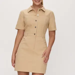 OEM Customized Fashion Polyester Spandex Khaki Short-sleeved Shirt Collar Buttons Slim Daily Casual Women's Mini Dresses