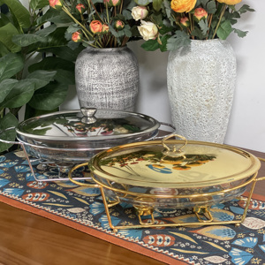Oval Gold Chafing Dishes Buffet Soup Pots Heating Catering Equipment Glass <strong>Food</strong> Warmer Casserole Stockpots With <strong>Stand</strong> and Lid - Product Image 3