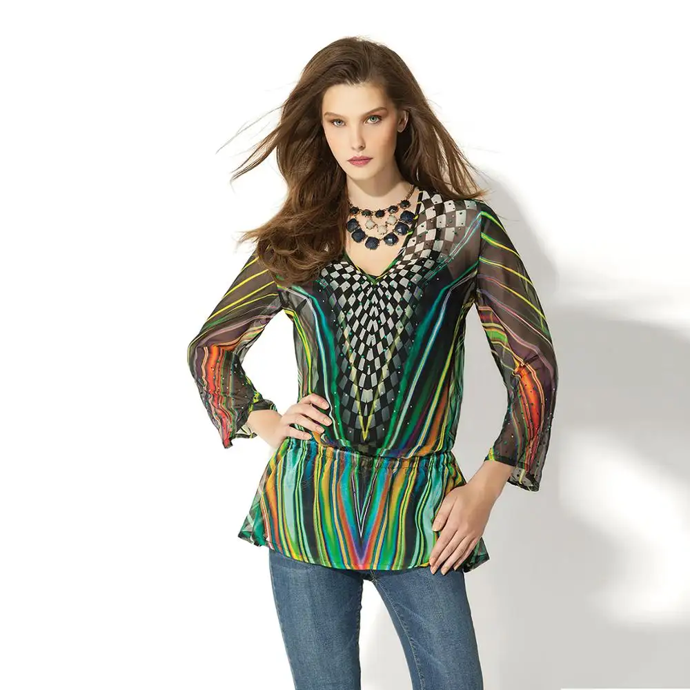 Gran oferta, blusa de seda OEM, nueva moda de verano, blusas de manga larga con estampado de seda para mujer