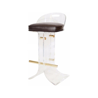 Tabouret de bar moderne en acrylique transparent avec coussin en cuir, dossier et repose-pieds en acier inoxydable doré pour bar à domicile ou salon