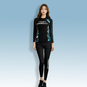 Traje de baño de dos piezas para mujer, pantalones de manga larga, secado rápido, protección solar, snorkel, buceo, surf, cuello redondo, negro - Product Image 1