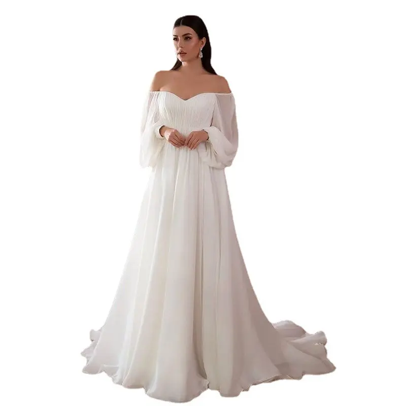 Princess Puff Sleeves Wedding Dress Elegant Lace High Slit Backless Bridal Gown Ruffle Evening Dress