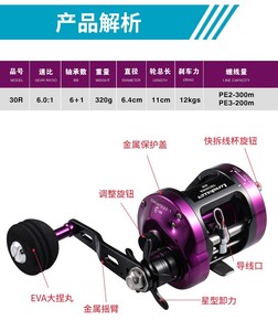Lurekiller 30R <span class=keywords><strong>Moulinet</strong></span> de pêche en eau douce et salée entièrement métallique pour <span class=keywords><strong>jigging</strong></span> lent, spinning et pêche en bateau, force de freinage 12 kg, rapport de transmission 5.1:1, 7 roulements - Product Image 4