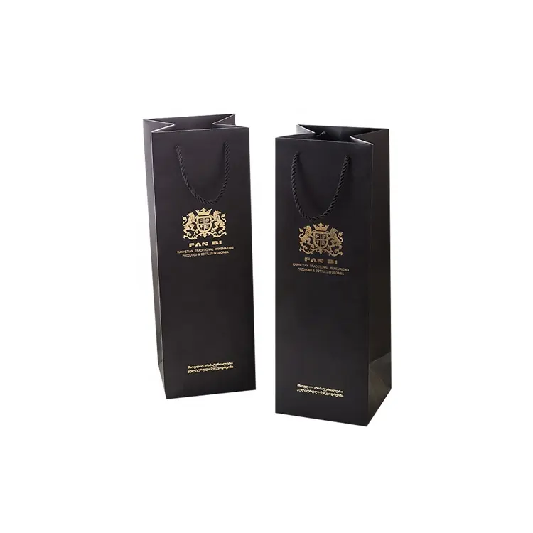 Factory Custom Hot Stamping Foil LOGO Black Paper Bag With Handle Shopping Wine Gift Paper Bags