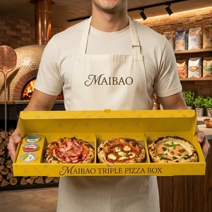 Caja <span class=keywords><strong>de</strong></span> Pizza Triple <span class=keywords><strong>de</strong></span> Cartón Corrugado Personalizada y Única con Compartimentos Múltiples y Separador para Salsas, Ideal para Comida para Llevar - Product Image 1