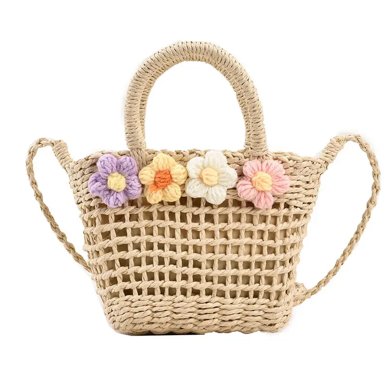 Sıcak satış el saman örme kadın çantası kadın makrome çanta el yapımı tığ saman sepetleri telefonu çanta dokuma çiçek ile saman torbaları