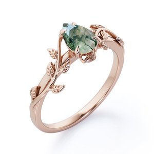 Anillo de compromiso de oro rosa de 18 quilates Ovate Natural blanco lechoso dendrítico musgo verde ágata Moissanite Pave Halo hermoso anillo de bodas - Product Image 4