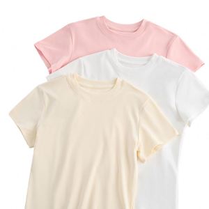 Tendencia de moda 2025 Camiseta corta de algodón con elastano para mujer, modelo baby top personalizado básico con cuello redondo - Product Image 1