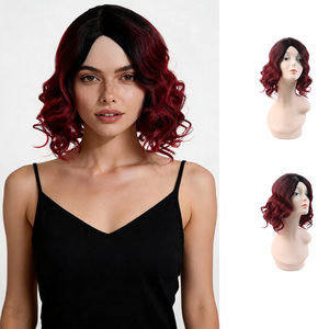 Perruque Bob Synthétique Courte Ondulée Ombrée Bourgogne Racine Noire, Raie Centrale Naturelle, Fibre Haute Température pour Femme - Product Image 1