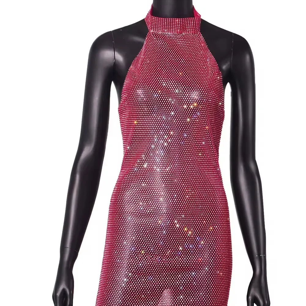 Vestido corto transparente con espalda descubierta para mujer, minivestido de lujo negro de rejilla para fiesta y Club nocturno, con diamantes de imitación