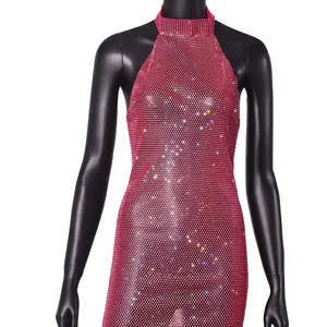 See Through Mini Dress Backless Bling luxury Black Fishnet Cover Up Party Night Club Hot Mini Rhinestone Dress