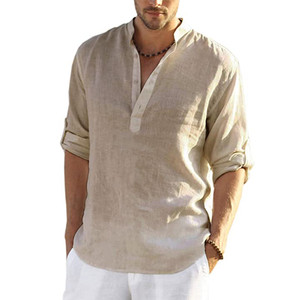 Bán Buôn Người Đàn Ông Của Lỏng Bông Linen Dài Tay Áo Giản Dị Áo Sơ Mi Rắn Màu Poplin Vải Đứng Cổ Áo Châu Âu Đồng Bằng Nhuộm Dệt Kim - Product Image 1