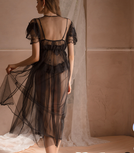 Camicia da notte rossa dolce principessa a rete in pizzo floreale trasparente con scollo a v aperto vestaglia lungo lungo lungo lungo lungo - Product Image 4