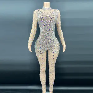 Women Y1987-JC Online Wholesale Supplier Diamond Bodysuit See Through Crystal Mirror dance costume Singer Blinged Dance Wear