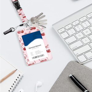 ชุดใส่บัตรแนวตั้งพิมพ์ลาย UV สองชั้น สีชมพูเชอร์รี่ พร้อมสายคล้องแบบดึงง่าย คลิปหนีบด้านหลัง โบว์ตาข่าย และสายคล้องแบบม้วน - Product Image 2