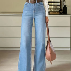 Jeans de Mezclilla para Mujer, Corte Recto, Cintura Media, Color Sólido Lavado, Elásticos, Ajuste Holgado, para Todas las Temporadas, Oficina, Casual, Talla XL, Largos - Product Image 1