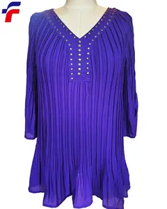 Wholesale women plus size tunic neckline embellishment pleated georgette chiffon 3/4 sleeves