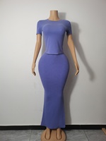 Ensemble de loungewear en coton personnalisé avec bandeau, rose vif et bleu marine, ensemble moulant à manches courtes, robes décontractées longues, ensemble de robes côtelées pour femmes