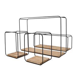 Set of 4 Wall Mounted Floating <b>Shelves</b> Black Metal Wire & Wood Wall Storage Organizer <b>for</b> Living Room <b>Kitchen</b> & Bedroom - Product Image 1