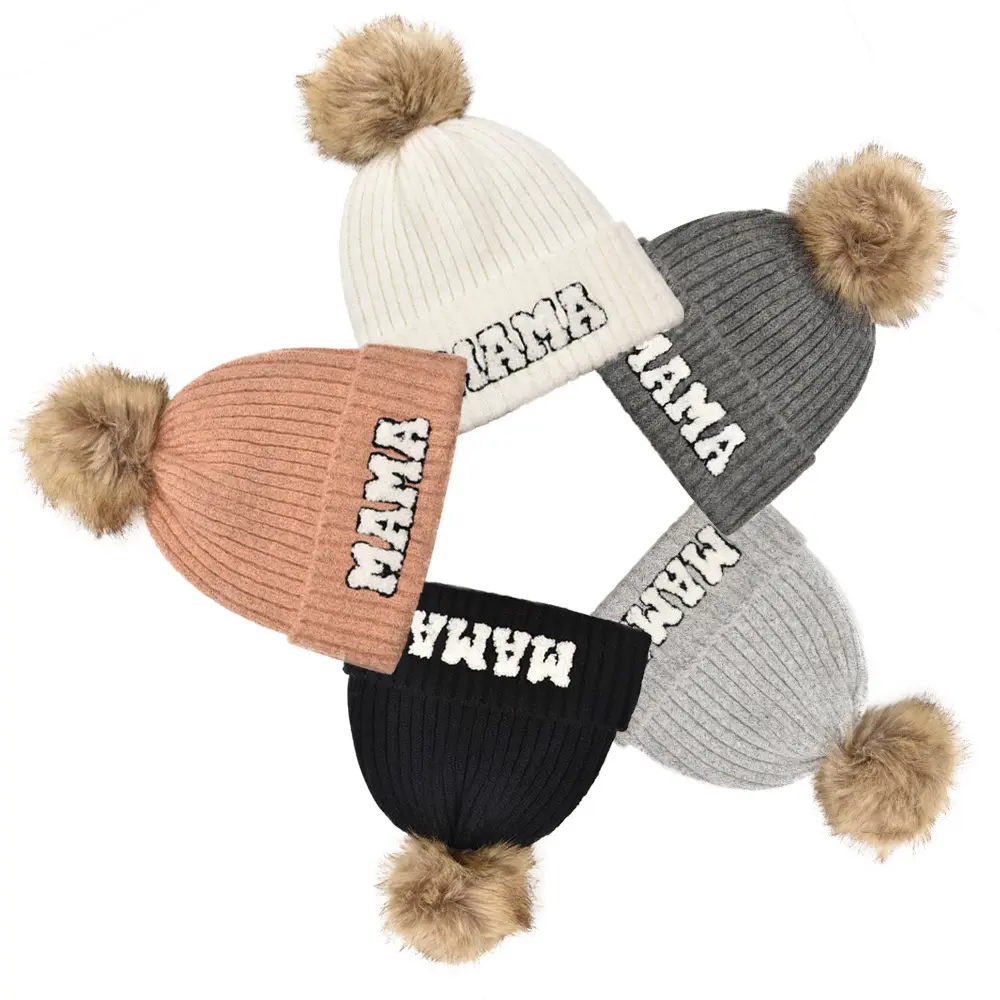 Mùa Đông Màu Rắn Dày Chenille Thư Các Bản Vá Lỗi Mama Mini Acrylic Dệt Kim Beanie Hat Cho Mẹ Và Tôi Pompom Len Hat Set