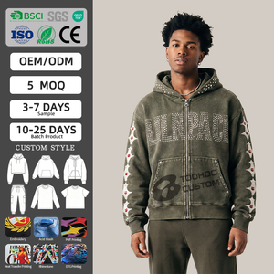 Custom 500gsm Heavyweight Cotton Hoodie <b>Men's</b> Streetwear Boxy Fit Vintage Stone Wash Rhinestone Blank Fleece <b>Pullover</b> Jumper - Product Image 1
