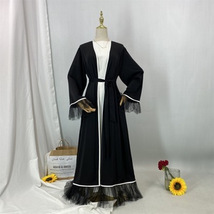 Abaya élégante à manches longues pour femmes, couleur unie, maille noire, avec bordure blanche et poches polyvalentes 1466 # - Product Image 5