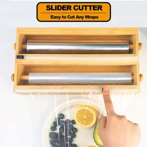 Dispensador de almacenamiento 3 en 1 para papel de aluminio y película adhesiva y papel pergamino Dispensador de envoltura de plástico de bambú con cortador deslizante - Product Image 3