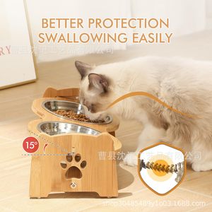 Soporte de alimentación de madera con doble tazón y altura ajustable para gatos y perros, soporte para comida de mascotas - Product Image 4