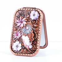 Miroir de maquillage portable à cadre en aluminium de style rétro russe carré avec incrustations de diamants, miroir de table à une seule face