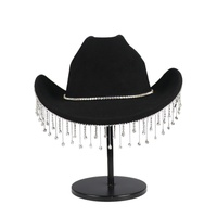 Chapeau de cowboy noir en feutre personnalisé avec franges en strass pour femmes, idéal pour les festivals de musique gothiques et les fêtes (vente en gros)