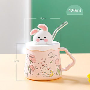 Conejito de cerámica de gran venta con caja de regalo, vidrio creativo con tapa bonita, tazas de café duraderas con pajita para beber bebidas - Product Image 3