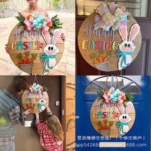 Letrero de madera para puerta de Pascua, redondo, con conejo y zanahoria grabados, decoración hecha a mano para el hogar en Pascua - Product Image 5