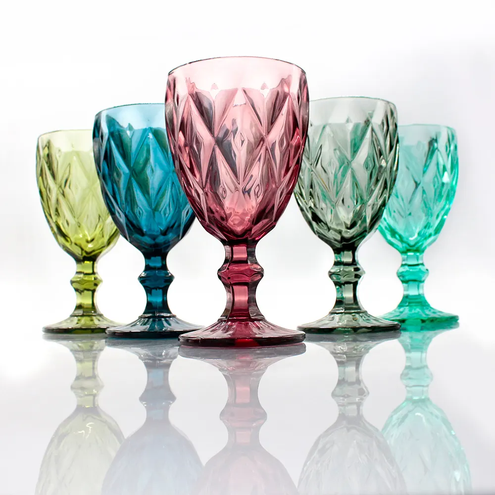 LANGXU diamond cut stemmed sunflower Embossed hand pressed pink colored glassware drinking wine glasses