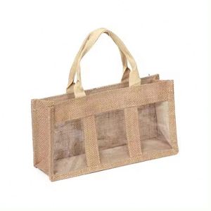 Bolsa de Compras Pequeña de Yute Natural Ecológica con Asas, Color Caqui, para 3 Botellas, Personalizable con Logotipo, Marca Xinxi, China, Venta al Por Mayor - Product Image 1