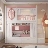 Lit superposé moderne en bois massif rose princesse avec fenêtre ovale, escalier de rangement, tiroirs et rideau d'intimité pour chambre de filles