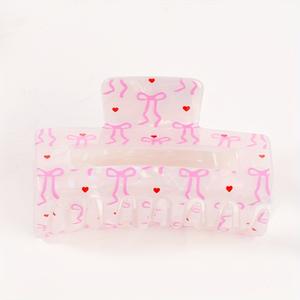 Pince à cheveux rectangulaire en PVC avec nœud et imprimé cœur, pince à cheveux mignonne pour fille - Product Image 3