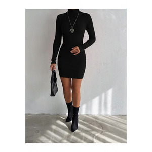 Women's <b>Elastic</b> Ribbed Stand-Up Collar Long Sleeve Midi <b>Dress</b> Natural Waist Comfortable Office Wear - Product Image 3