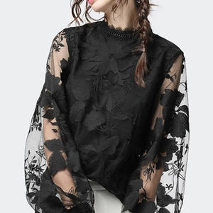 2022 donne <span class=keywords><strong>pizzo</strong></span> manica a sbuffo scava fuori <span class=keywords><strong>maglia</strong></span> fiore nero camicie o-collo signore Sexy dolce Casual manica lunga camicetta camicia - Product Image 2