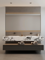 Meuble-lavabo mural double vasque haut de gamme de luxe avec éclairage d'ambiance LED et meuble bas cannelé pour une salle de bain élégante