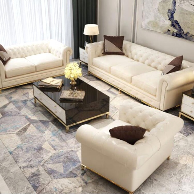 Produk Laris Desain Set Sofa Kulit Amerika Modern Mewah Ruang Gambar Sofa Chesterfield