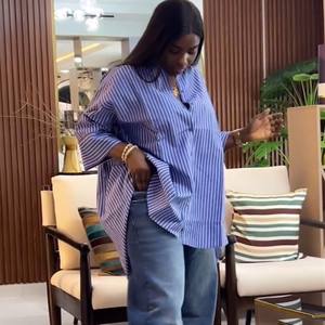 HK72493 camicie estive personalizzate da <span class=keywords><strong>donna</strong></span> con collo a <span class=keywords><strong>POLO</strong></span> <span class=keywords><strong>manica</strong></span> <span class=keywords><strong>lunga</strong></span> larghe camicie a righe blu camicette eleganti da <span class=keywords><strong>donna</strong></span> - Product Image 4