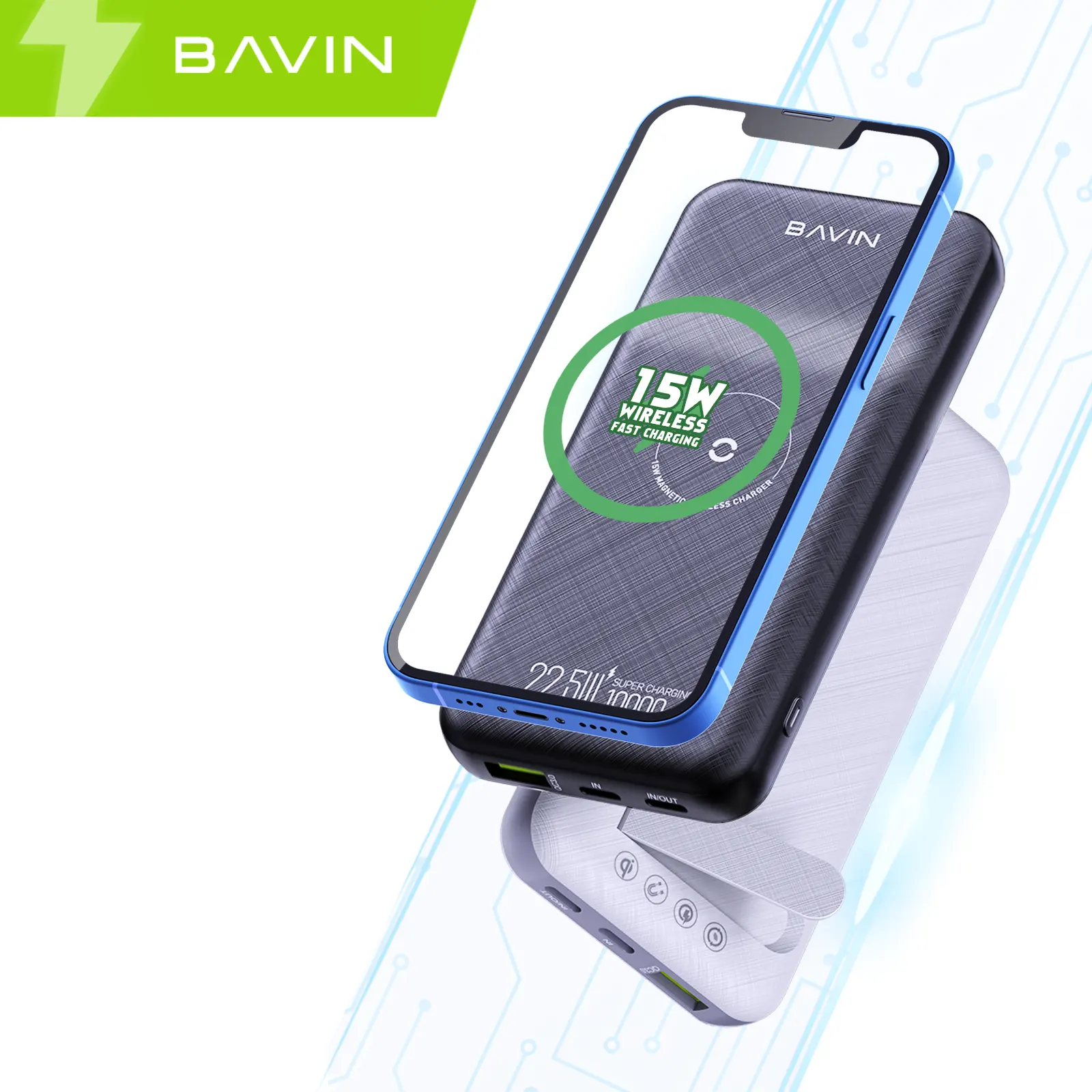 BAVIN PC038 özel fabrika fiyat mikro USB c evrensel lityum pil 10000mAh ince taşınabilir 15w kablosuz mobil güç bankası