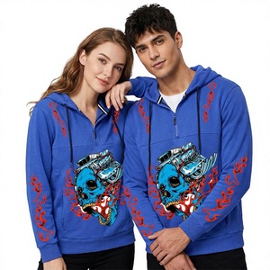 Sweat-shirt unisexe décontracté à col zippé bleu avec imprimé crâne et moteur, en coton tricoté, coupe oversize, écologique et respirant pour l'automne - Product Image 1