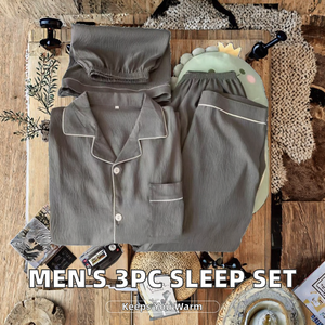 Autumn Fashion Knitted Cotton Men's Casual Three-Piece Set Solid Color <b>Short</b>-<b>Sleeved</b> <b>Cardigan</b> <b>Shorts</b> Trousers Breathable Thermal - Product Image 2