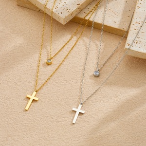 Layered Necklace Gold Plated Stainless Steel <b>Cross</b> Round Diamond Pendant Clavicle <b>Chain</b> Daily Wear Gift Jewelry - Product Image 3