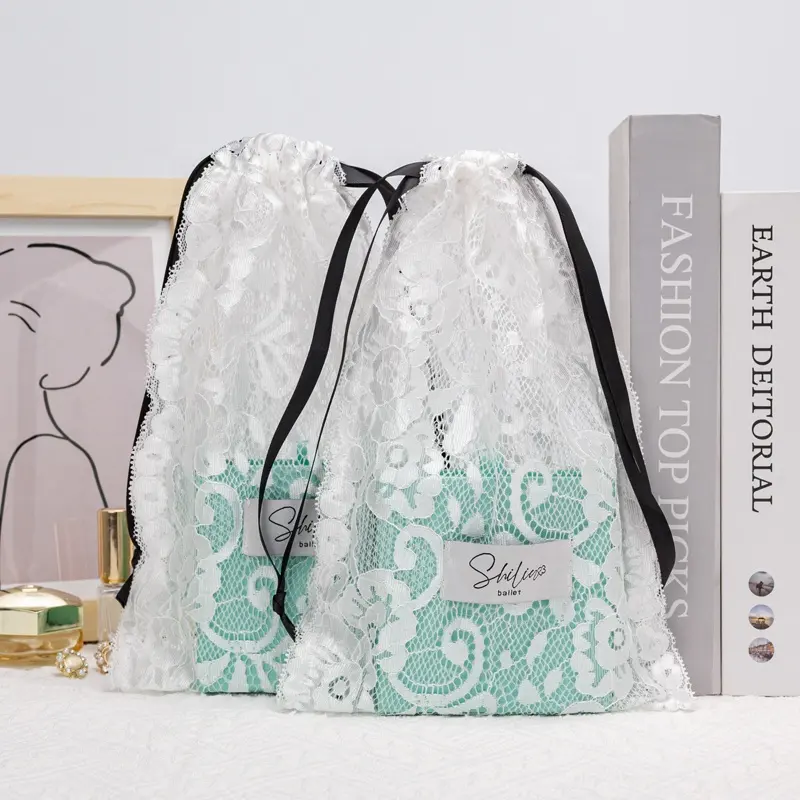 Çevre dostu örgü dantel kumaş çanta hediye için cilt bakım ürünleri için kozmetik çantası için paket ambalaj İpli toz