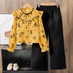 Set camicia a maniche lunghe con stampa in pizzo e pantaloni a gamba larga per ragazze - Moda primaverile per ragazze dai 4 ai 10 anni - Product Image 1