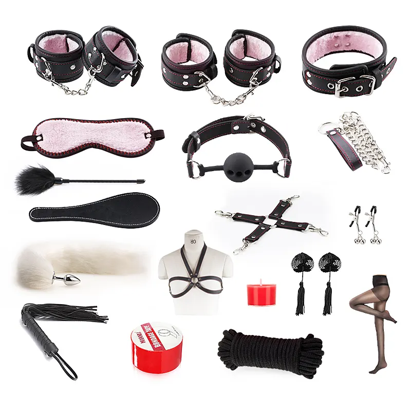 Lot de 18 pièces SM, ensemble de jeu amusant pour couple produit pour adulte jouets sexuels et corporels Bdsm Bondage avec les menottes collier bouchons anaux Gag Whips