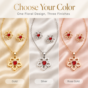 Parure de bijoux tendance pour femme en acier inoxydable léger, avec chaîne fine et boucles d'oreilles clous à breloque fleur creuse en verre cristal rouge - Product Image 4
