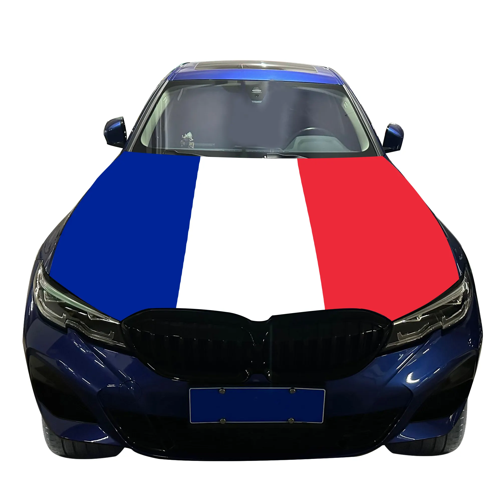 Fransa ulusal araba kaput kapağı bayrak araba motor kapağı bayrak toptan özel elastik kumaş fabrika doğrudan satış